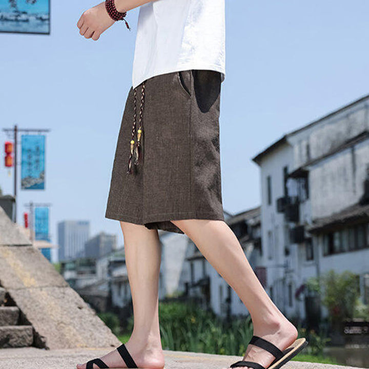 Pantalones cortos de lino para hombre con bolsillos y tejido de Buddha Stones, cuerda y cuentas. - image 13