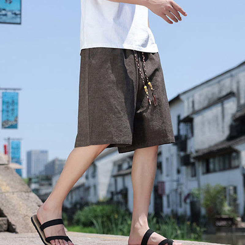 Pantalones cortos de lino para hombre con bolsillos y tejido de Buddha Stones, cuerda y cuentas. - image 12
