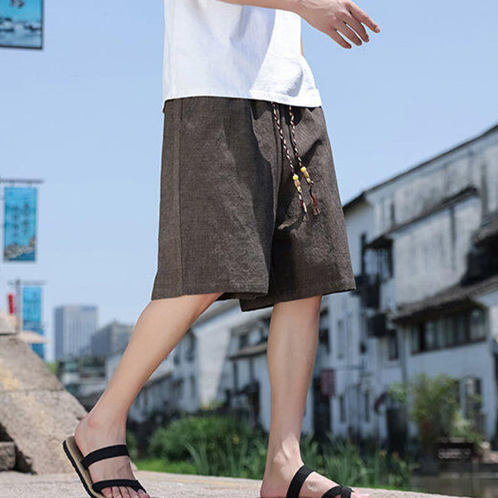 Pantalones cortos de lino para hombre con bolsillos y tejido de Buddha Stones, cuerda y cuentas. - image 12
