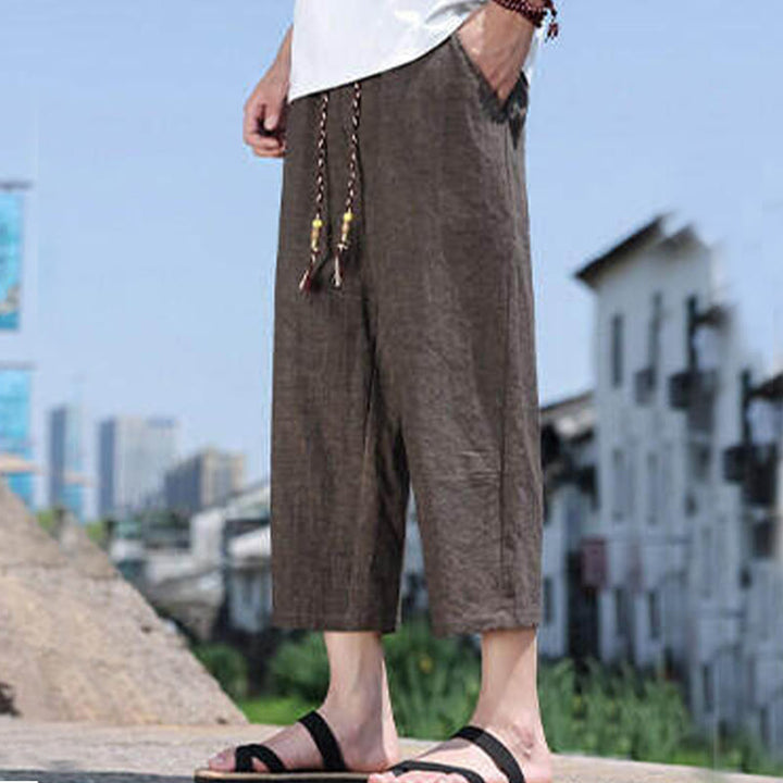 Pantalones casuales de licra con cuentas tejidas de Buddha Stones para hombre, de longitud 7-8, con bolsillos - Marrón silla de montar - US/UK/AU46, EU56 (5XL) - image 18