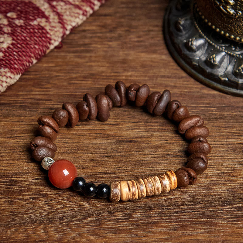 Pulsera de cuentas de concha de coco y ágata roja con granos de café naturales de Buddha Stones - image 2