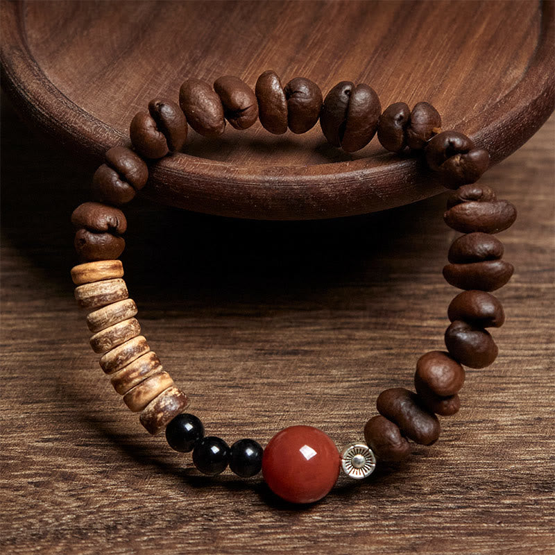 Pulsera de cuentas de concha de coco y ágata roja con granos de café naturales de Buddha Stones - image 3