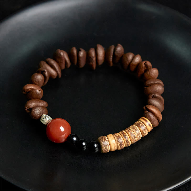 Pulsera de cuentas de concha de coco y ágata roja con granos de café naturales de Buddha Stones - image 4