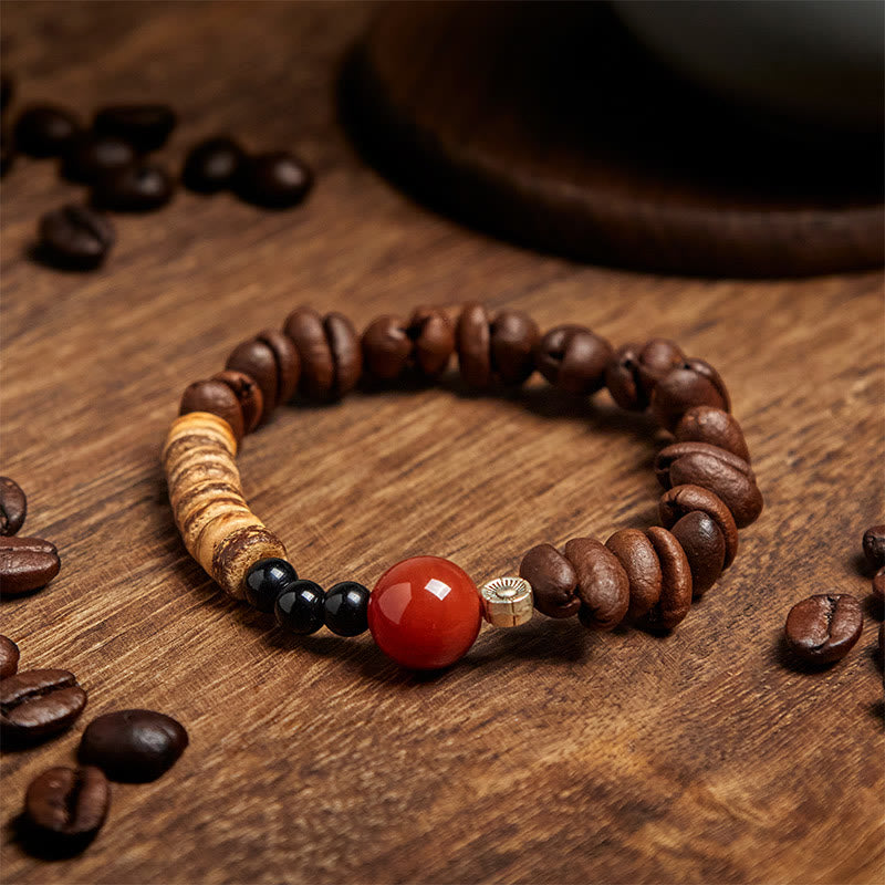 Pulsera de cuentas de concha de coco y ágata roja con granos de café naturales de Buddha Stones - Grano de café (circunferencia de la muñeca: 16 cm) - image 1