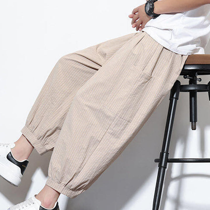 Pantalones harén de algodón a rayas para hombre, estilo casual, de Buddha Stones, con bolsillos, de largo 7-8 - image 7