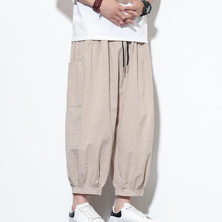 Pantalones harén de algodón a rayas para hombre, estilo casual, de Buddha Stones, con bolsillos, de largo 7-8 - image 5