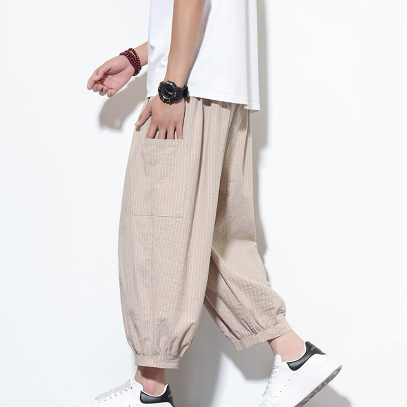 Pantalones harén de algodón a rayas para hombre, estilo casual, de Buddha Stones, con bolsillos, de largo 7-8 - Sopa de mariscos - US/UK/AU46, EU56 (5XL) - image 0