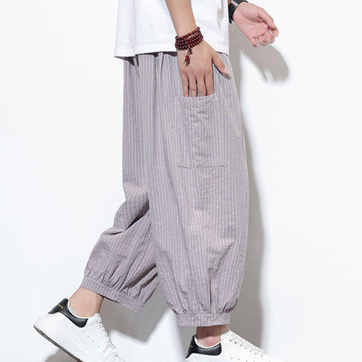 Pantalones harén de algodón a rayas para hombre, estilo casual, de Buddha Stones, con bolsillos, de largo 7-8 - image 19
