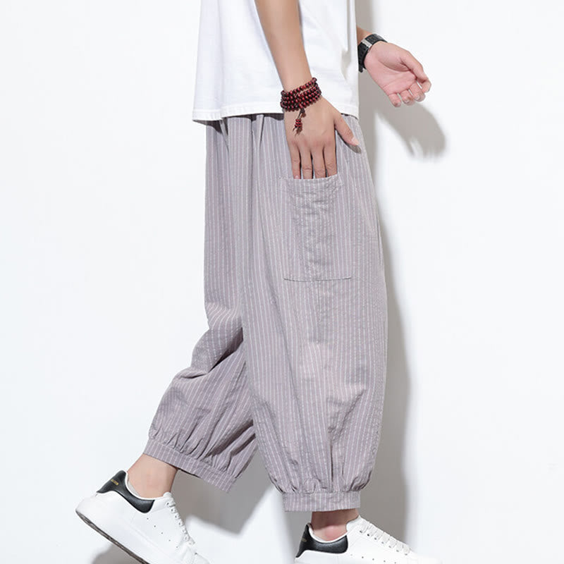 Pantalones harén de algodón a rayas para hombre, estilo casual, de Buddha Stones, con bolsillos, de largo 7-8 - image 18