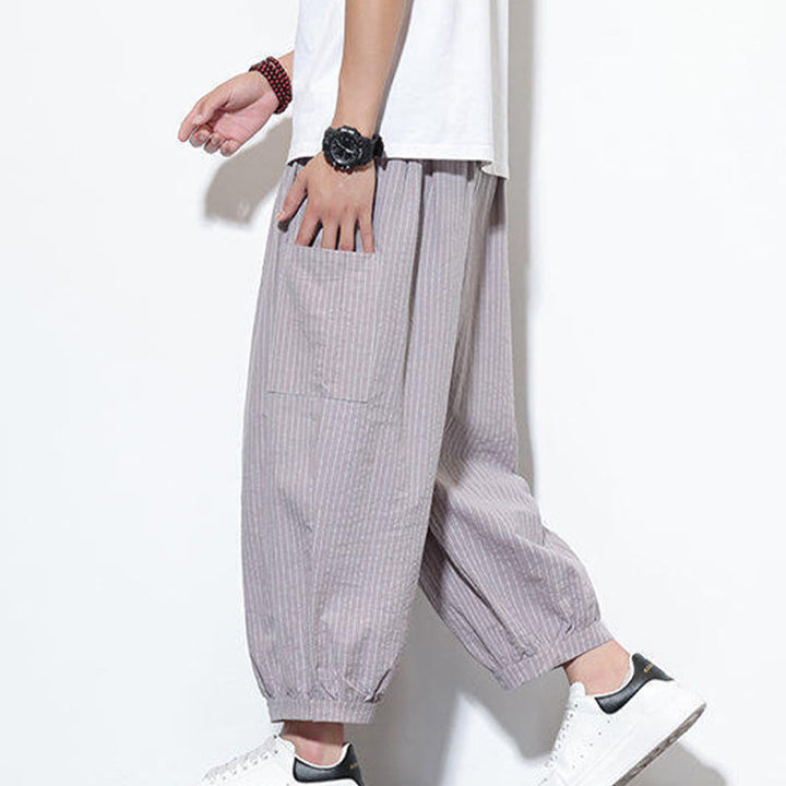 Pantalones harén de algodón a rayas para hombre, estilo casual, de Buddha Stones, con bolsillos, de largo 7-8 - Marrón rosado - US/UK/AU46, EU56 (5XL) - image 8