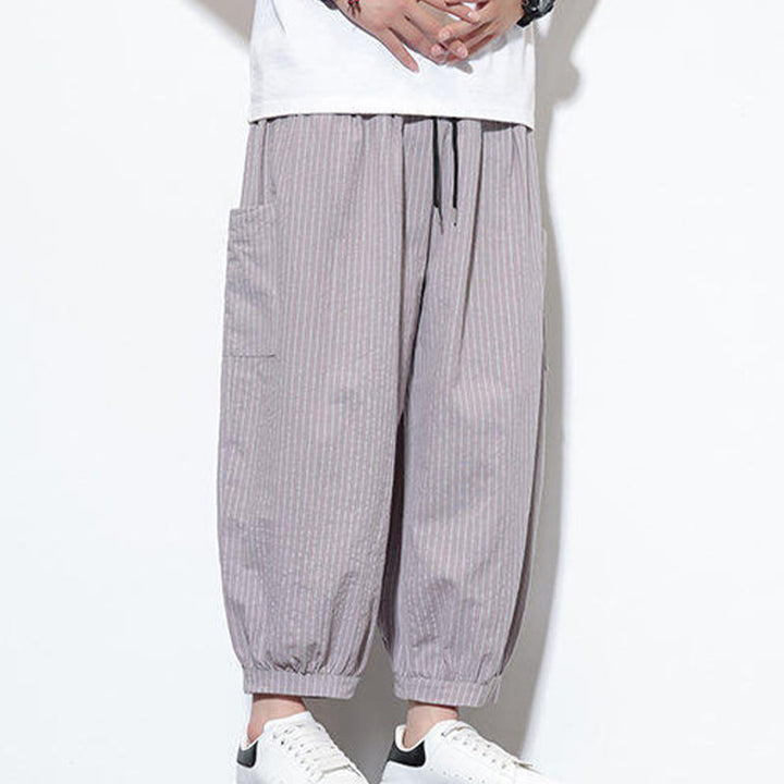 Pantalones harén de algodón a rayas para hombre, estilo casual, de Buddha Stones, con bolsillos, de largo 7-8 - image 10