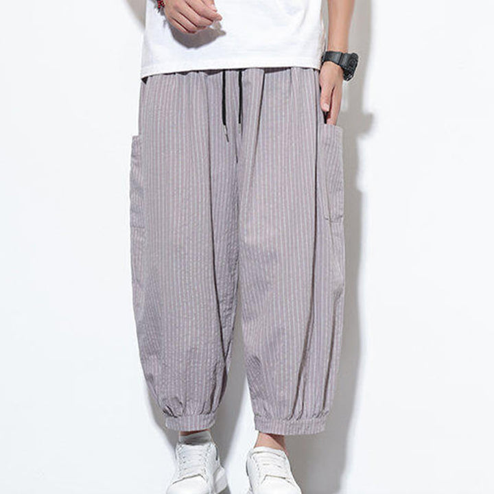 Pantalones harén de algodón a rayas para hombre, estilo casual, de Buddha Stones, con bolsillos, de largo 7-8 - image 15