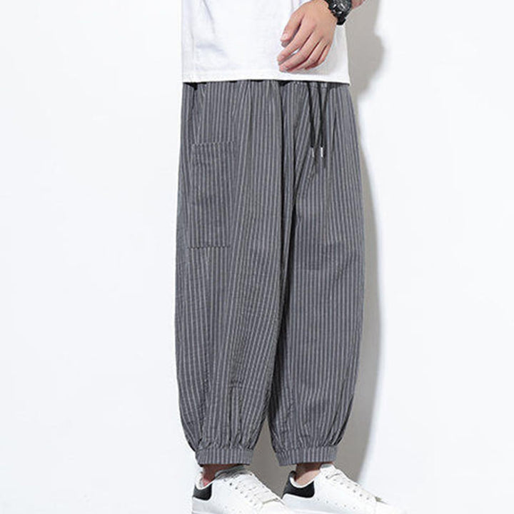 Pantalones harén de algodón a rayas para hombre, estilo casual, de Buddha Stones, con bolsillos, de largo 7-8 - image 22