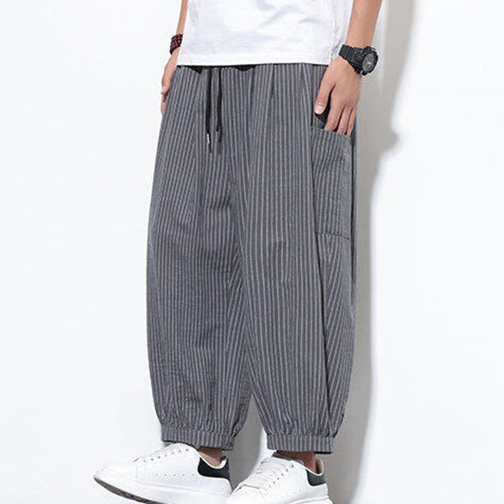 Pantalones harén de algodón a rayas para hombre, estilo casual, de Buddha Stones, con bolsillos, de largo 7-8 - image 23