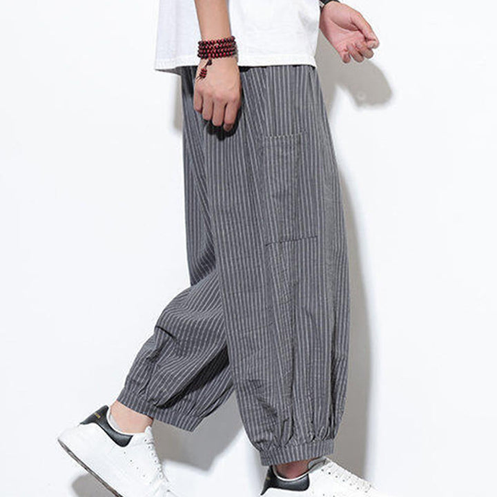 Pantalones harén de algodón a rayas para hombre, estilo casual, de Buddha Stones, con bolsillos, de largo 7-8 - image 25