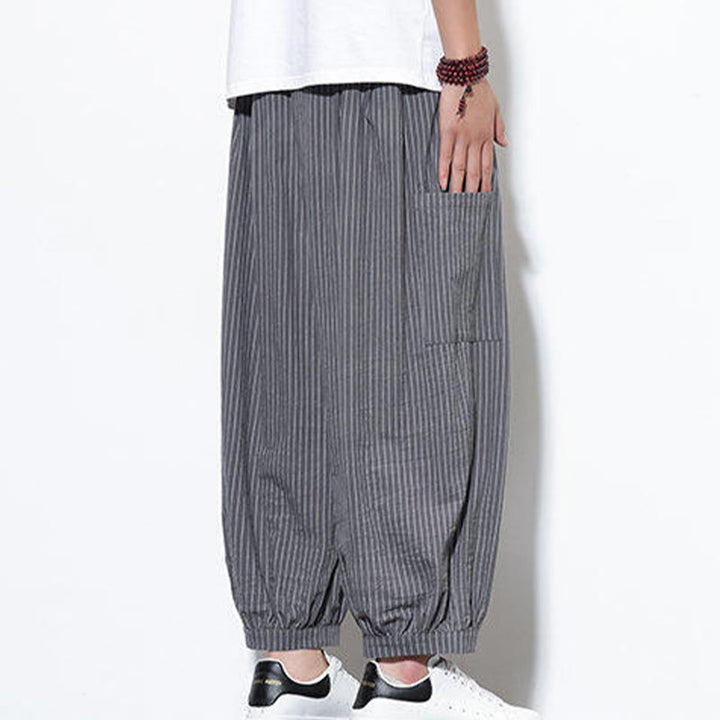 Pantalones harén de algodón a rayas para hombre, estilo casual, de Buddha Stones, con bolsillos, de largo 7-8 - image 27
