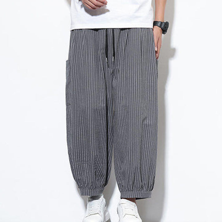 Pantalones harén de algodón a rayas para hombre, estilo casual, de Buddha Stones, con bolsillos, de largo 7-8 - image 24