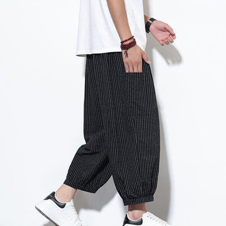 Pantalones harén de algodón a rayas para hombre, estilo casual, de Buddha Stones, con bolsillos, de largo 7-8 - image 35