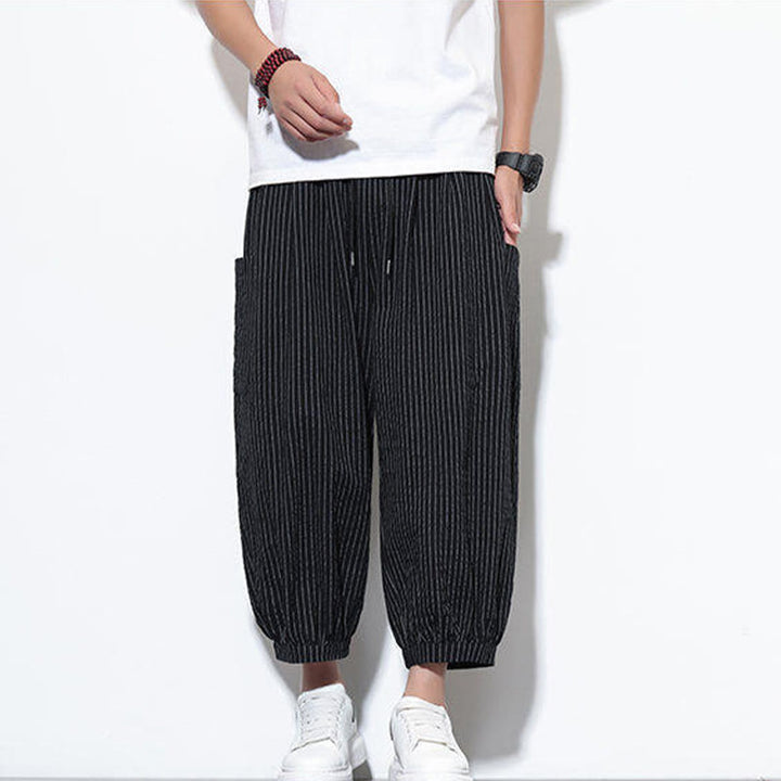 Pantalones harén de algodón a rayas para hombre, estilo casual, de Buddha Stones, con bolsillos, de largo 7-8 - image 30
