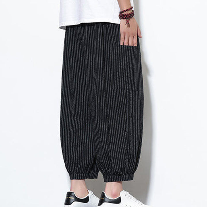 Pantalones harén de algodón a rayas para hombre, estilo casual, de Buddha Stones, con bolsillos, de largo 7-8 - image 33