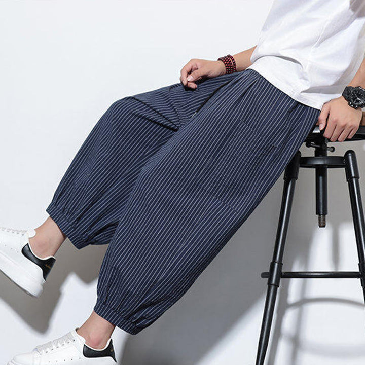 Pantalones harén de algodón a rayas para hombre, estilo casual, de Buddha Stones, con bolsillos, de largo 7-8 - image 45