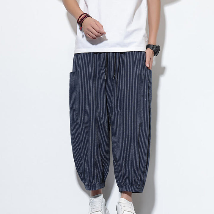 Pantalones harén de algodón a rayas para hombre, estilo casual, de Buddha Stones, con bolsillos, de largo 7-8 - image 44