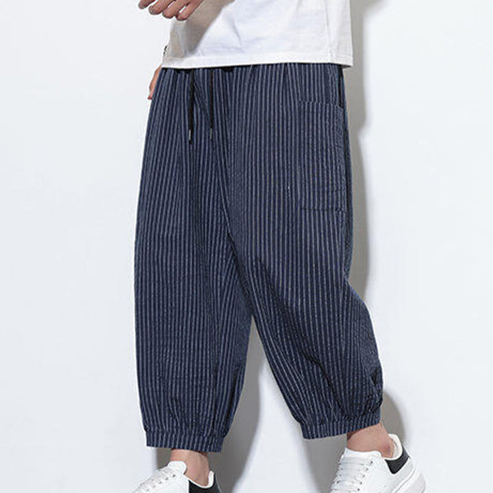 Pantalones harén de algodón a rayas para hombre, estilo casual, de Buddha Stones, con bolsillos, de largo 7-8 - image 42