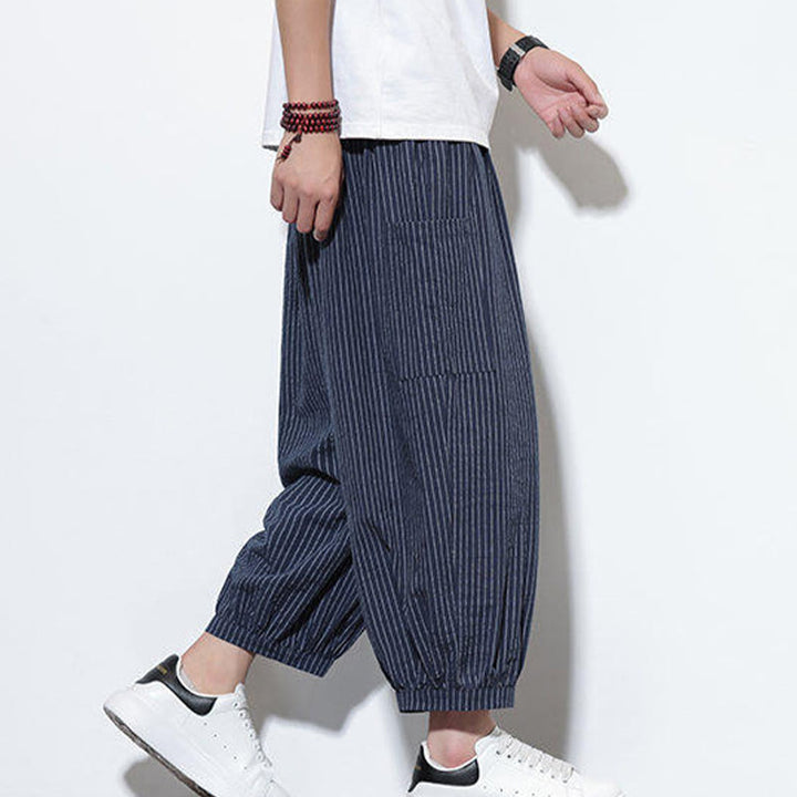 Pantalones harén de algodón a rayas para hombre, estilo casual, de Buddha Stones, con bolsillos, de largo 7-8 - image 43