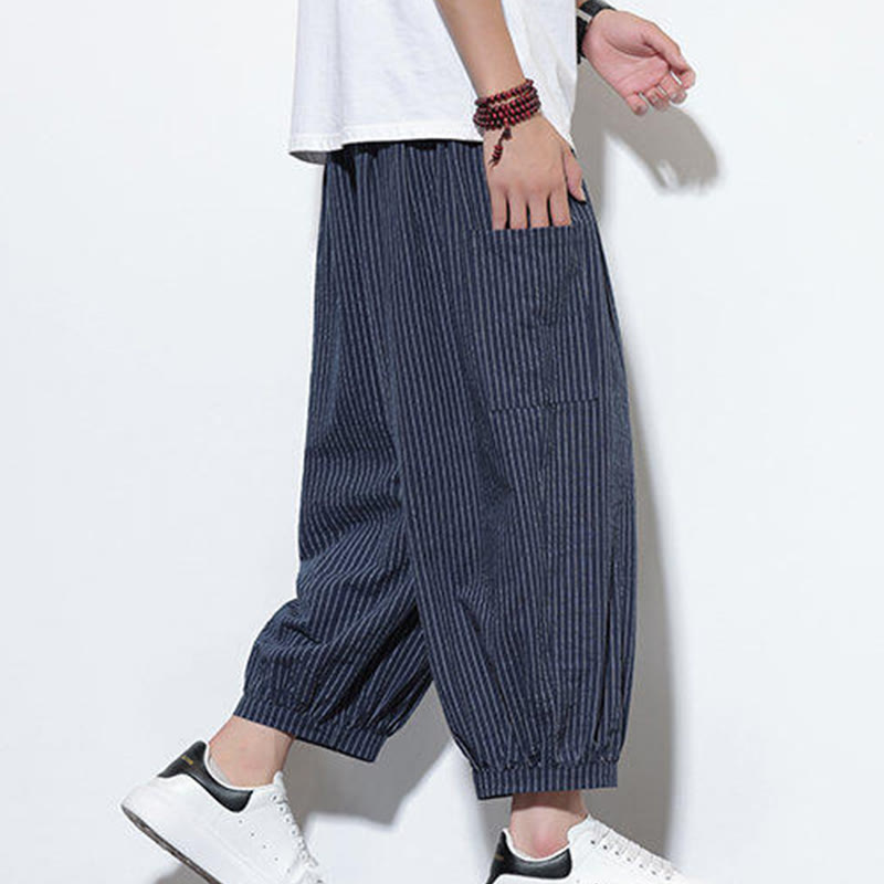 Pantalones harén de algodón a rayas para hombre, estilo casual, de Buddha Stones, con bolsillos, de largo 7-8 - image 38