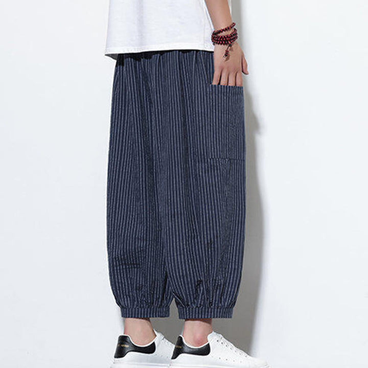 Pantalones harén de algodón a rayas para hombre, estilo casual, de Buddha Stones, con bolsillos, de largo 7-8 - image 40