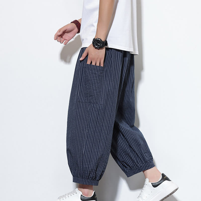 Pantalones harén de algodón a rayas para hombre, estilo casual, de Buddha Stones, con bolsillos, de largo 7-8 - Azul oscuro - US/UK/AU46, EU56 (5XL) - image 37