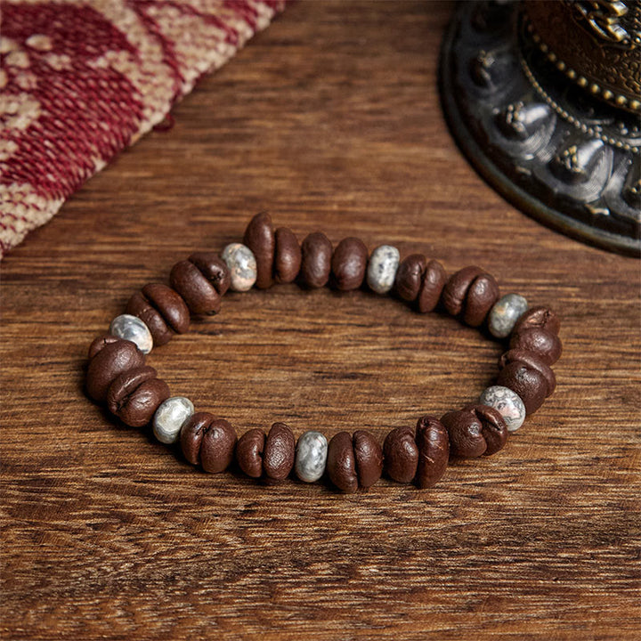 Pulsera de cuentas de roca de lava con jaspe gris y granos de café naturales de Buddha Stones - Grano de café y jaspe gris (circunferencia de la muñeca: 16 cm) - image 6
