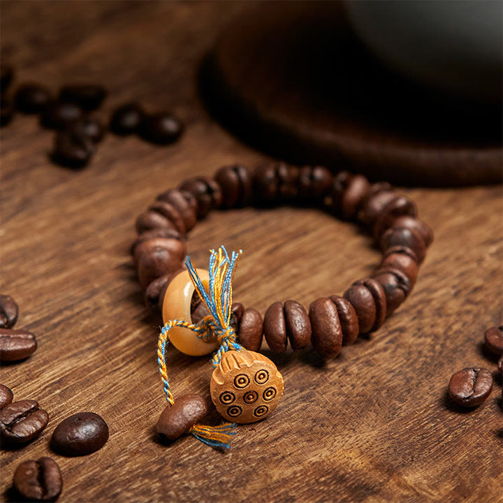 Pulsera de semillas de bodhi de madera de wengué con semillas de loto natural y granos de café de Buddha Stones - image 3