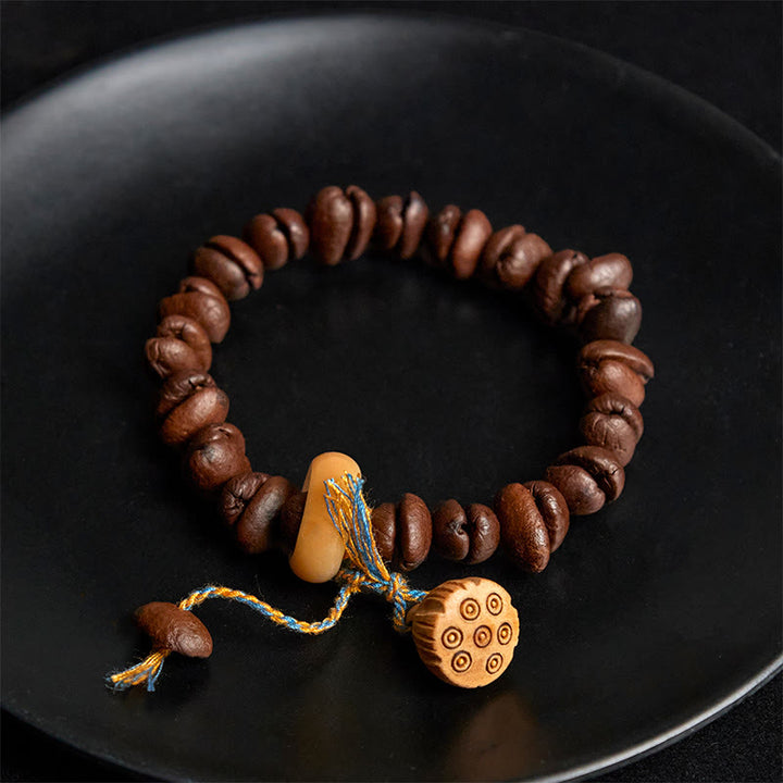 Pulsera de semillas de bodhi de madera de wengué con semillas de loto natural y granos de café de Buddha Stones - image 4