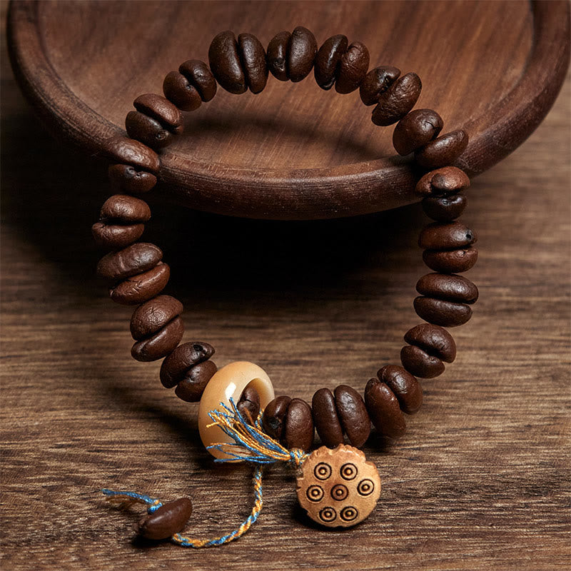 Pulsera de semillas de bodhi de madera de wengué con semillas de loto natural y granos de café de Buddha Stones - image 2