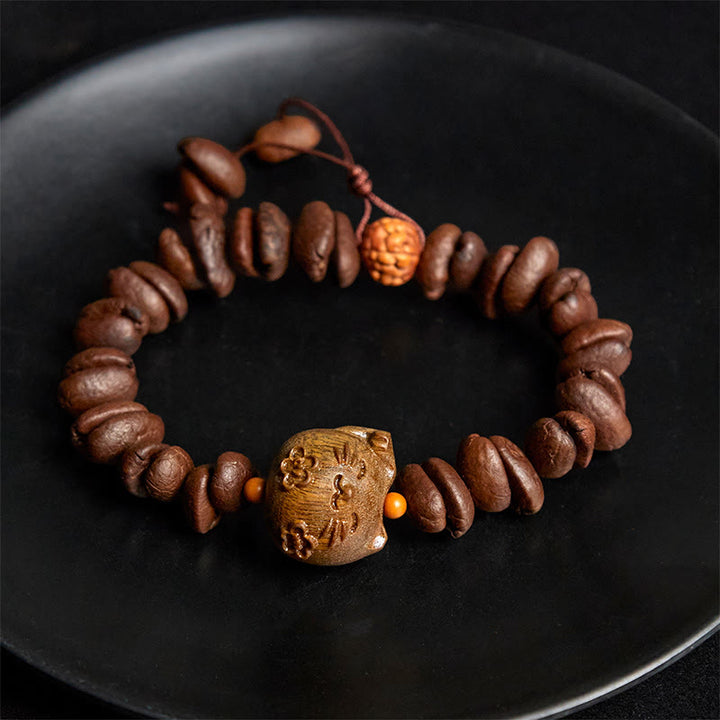 Pulsera de sándalo con granos de café auténticos y gato de la suerte hecha a mano con Buddha Stones - image 4