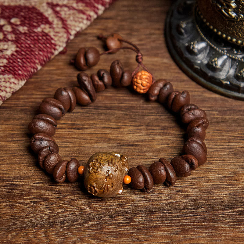 Pulsera de sándalo con granos de café auténticos y gato de la suerte hecha a mano con Buddha Stones - Grano de café (circunferencia de la muñeca: 17,5 cm) - image 1