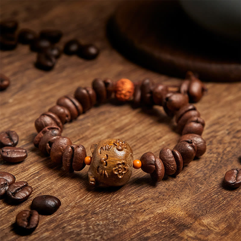 Pulsera de sándalo con granos de café auténticos y gato de la suerte hecha a mano con Buddha Stones - image 3