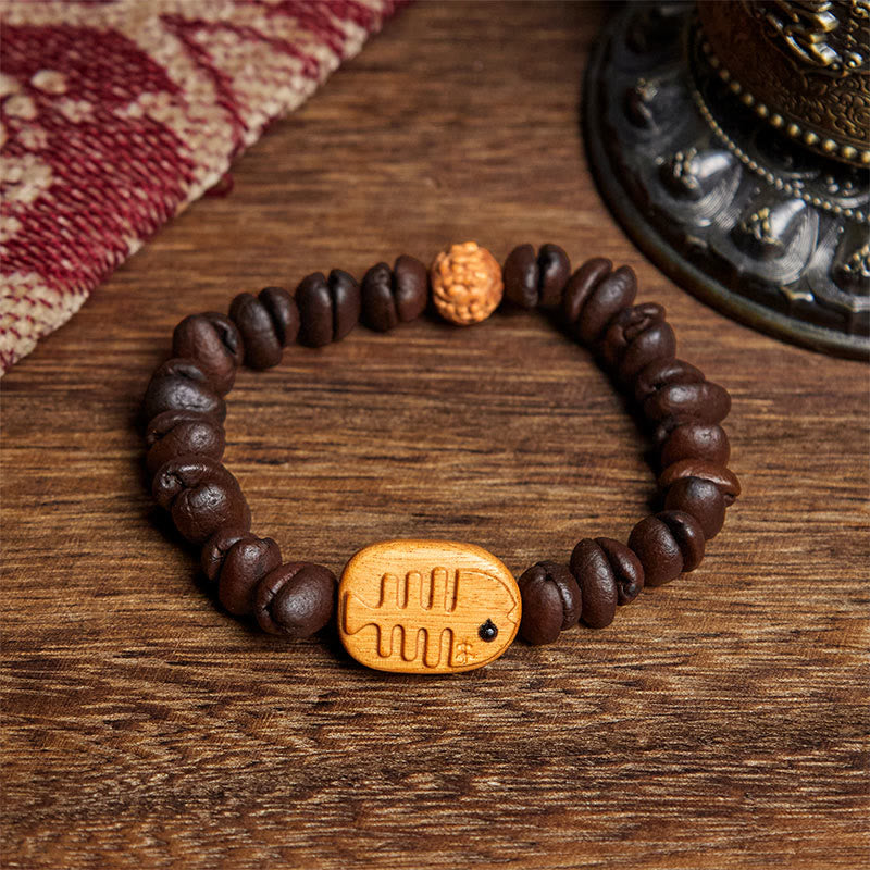 Pulsera de madera de wengué con granos de café auténticos y espina de pescado hecha a mano con Buddha Stones - Grano de café (circunferencia de la muñeca: 17,5 cm) - image 1