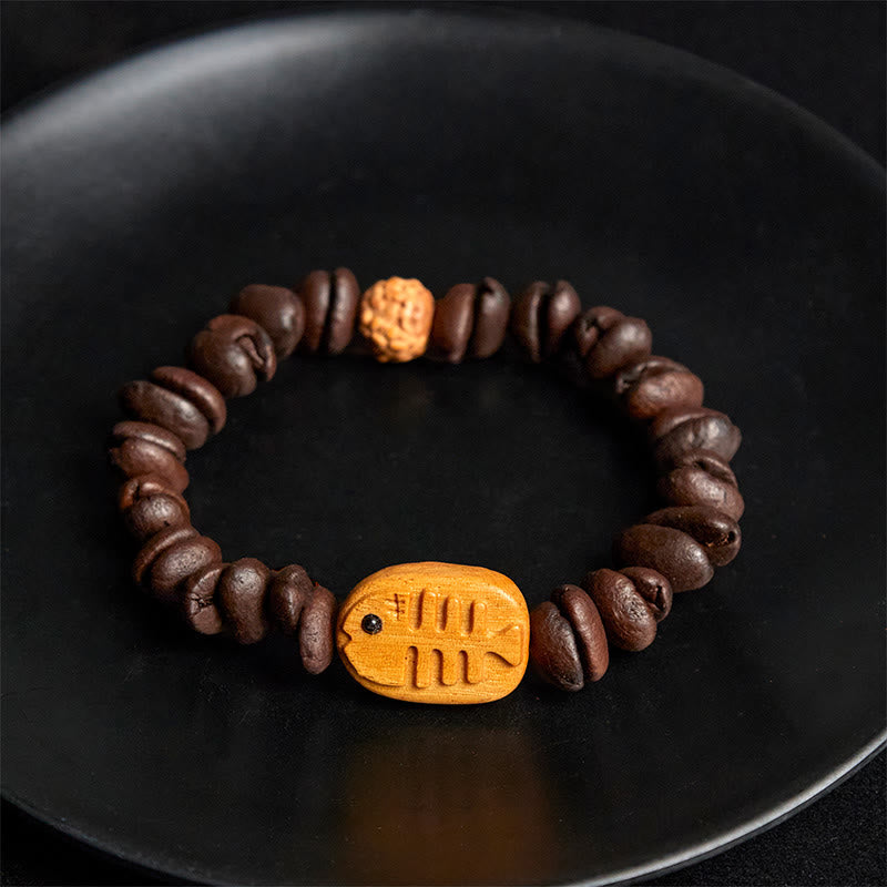 Pulsera de madera de wengué con granos de café auténticos y espina de pescado hecha a mano con Buddha Stones - image 4