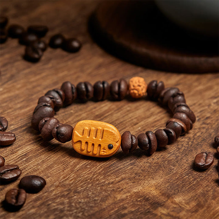 Pulsera de madera de wengué con granos de café auténticos y espina de pescado hecha a mano con Buddha Stones - image 3