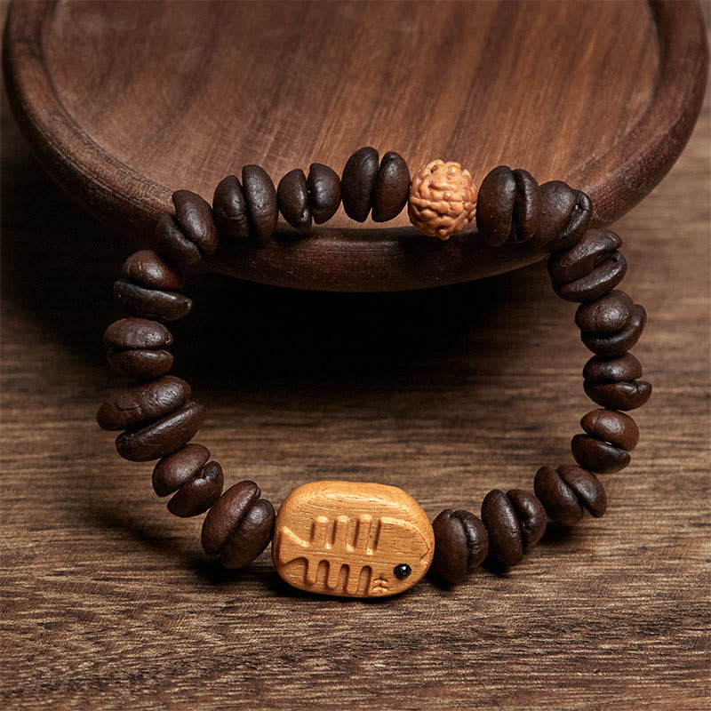 Pulsera de madera de wengué con granos de café auténticos y espina de pescado hecha a mano con Buddha Stones - image 2