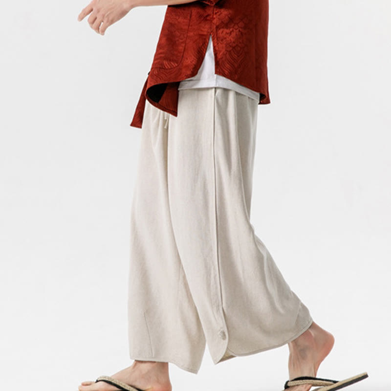Pantalones casuales holgados de algodón y lino con botones de rana para hombre, de Buddha Stones, con bolsillos, talla 7-8 - image 3