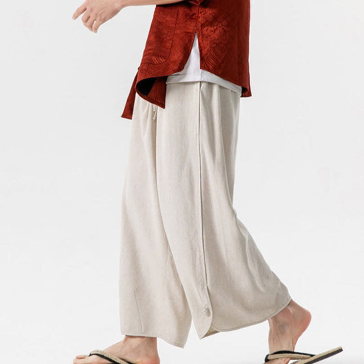Pantalones casuales holgados de algodón y lino con botones de rana para hombre, de Buddha Stones, con bolsillos, talla 7-8 - image 3