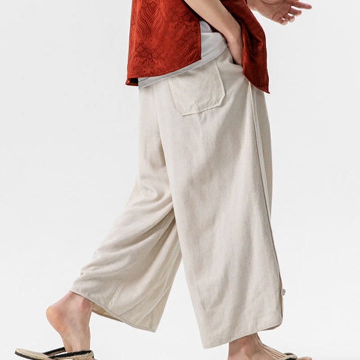 Pantalones casuales holgados de algodón y lino con botones de rana para hombre, de Buddha Stones, con bolsillos, talla 7-8 - image 4