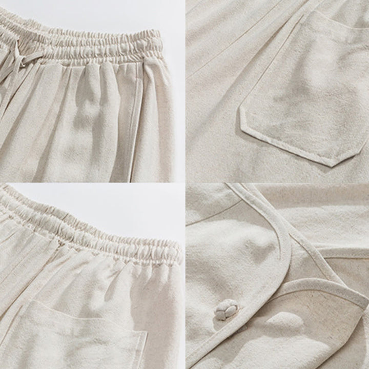 Pantalones casuales holgados de algodón y lino con botones de rana para hombre, de Buddha Stones, con bolsillos, talla 7-8 - image 9