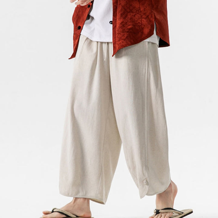 Pantalones casuales holgados de algodón y lino con botones de rana para hombre, de Buddha Stones, con bolsillos, talla 7-8 - image 7