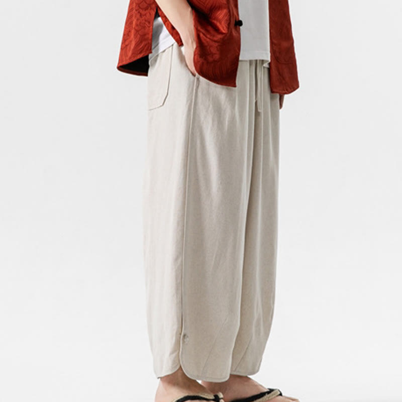 Pantalones casuales holgados de algodón y lino con botones de rana para hombre, de Buddha Stones, con bolsillos, talla 7-8 - image 4