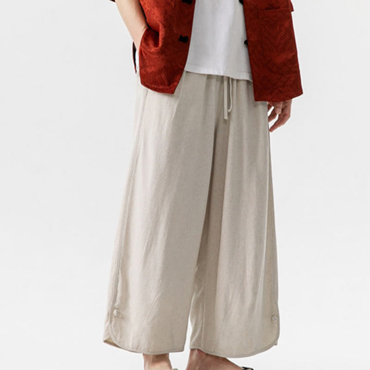 Pantalones casuales holgados de algodón y lino con botones de rana para hombre, de Buddha Stones, con bolsillos, talla 7-8 - image 5