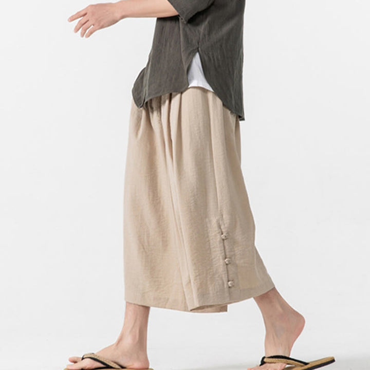 Pantalones casuales holgados de algodón Buddha Stones con botones de rana para hombre, de pierna ancha y bolsillos, de largo 7-8 - image 13